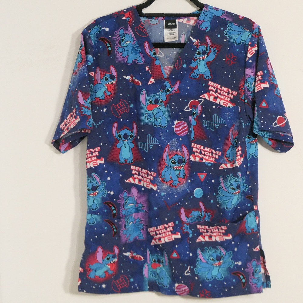 Disney Women Scrub Top XS Blue Stitch Alien Galaxy Print Medical TF701 LHLN